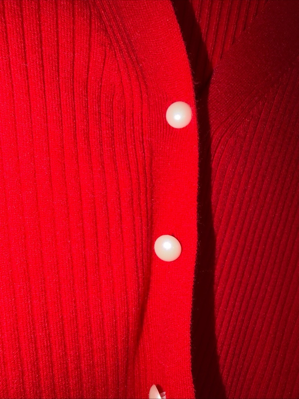 Commense Red Ribbed V-Neck Cardigan with Ruffle Hem - Picture 5 of 7